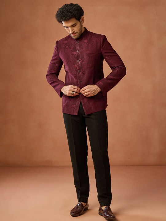 Men Self Design Mandarin Collar Jodhpuri Bandhgala Blazer