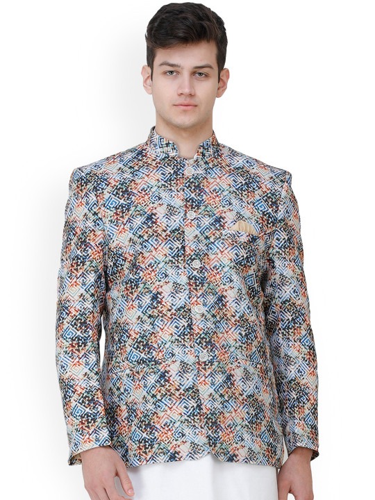 Art Silk Air Blazer with Digital-Printed Puzzle Squares