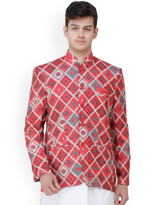 Art Silk Wedding Bandhgala Blazer with Oriental Print