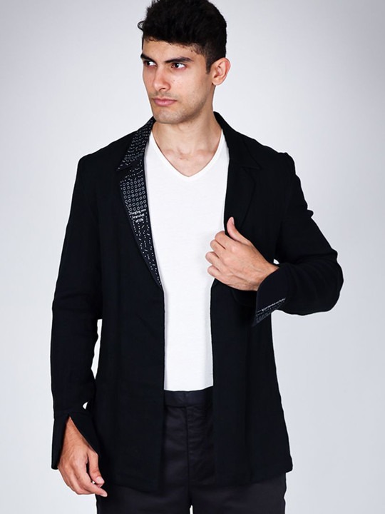 Notched Lapel Cotton Open Front Blazer
