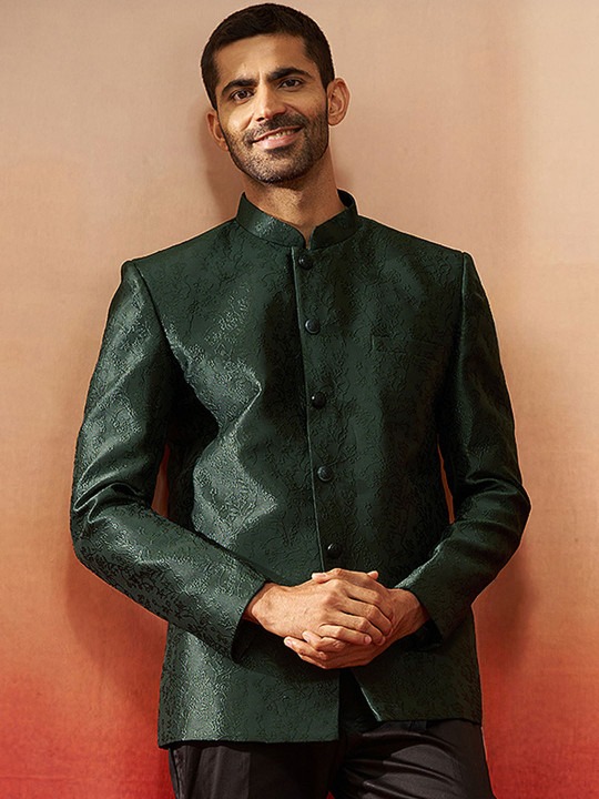 Slim Fit Self Design Mandarin Collar Long Sleeves Ethnic Jodhpuri Blazers