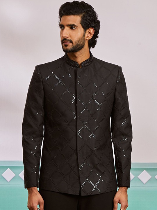Vastramay Mandarin Collar Embroidered Sequined Bandhgala Blazer