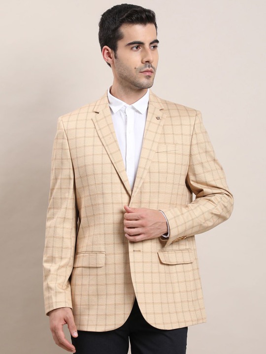 Checked Notched Lapel Single-Breasted Cotton Tailored Fit Formal Blazers