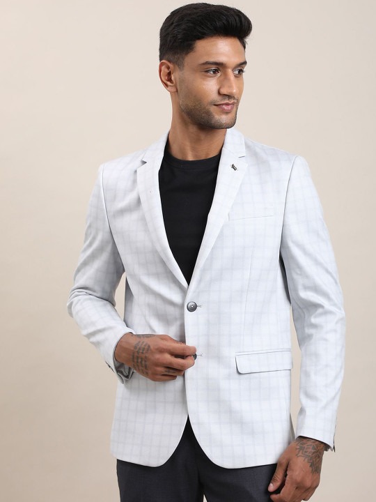 Men Checked Cotton Tailored-Fit Single Breasted Blazer