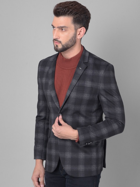 Slim-Fit Checked Notched Lapel Collar Single Breasted Casual Blazer