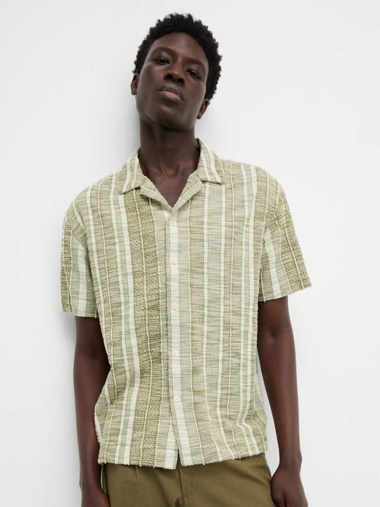 Striped Cotton Lapel Collar Shirt