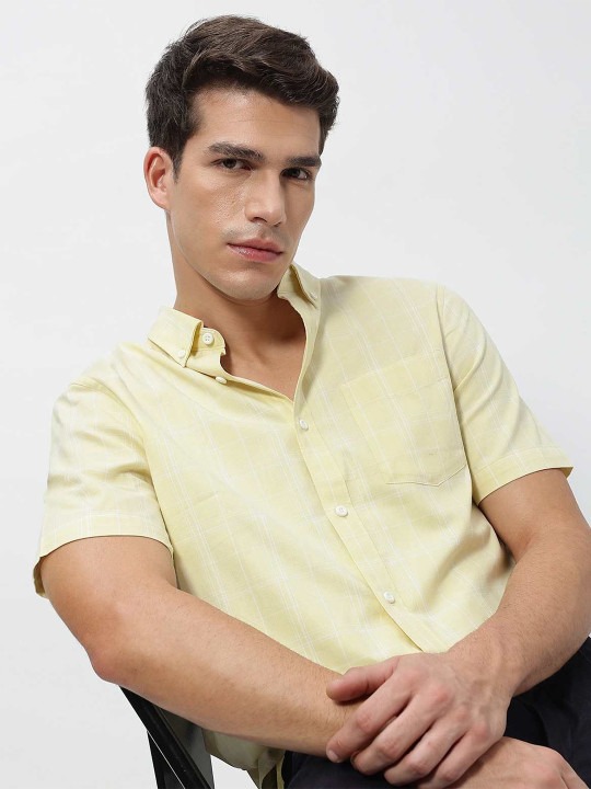 Men Windowpane Checked Button-Down Collar Pure Cotton Casual Shirt