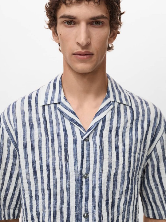 Vertically Striped Cuban Collar Drop-Sleeves Relaxed Fit Shirt