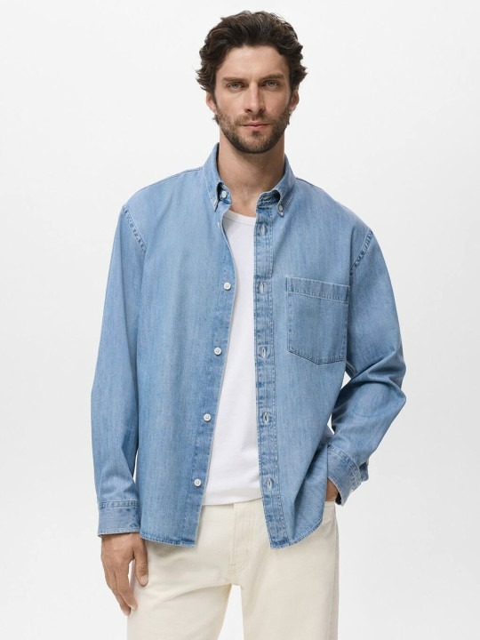 Button-Down Collar Pure Cotton Denim Relaxed Fit Shirt