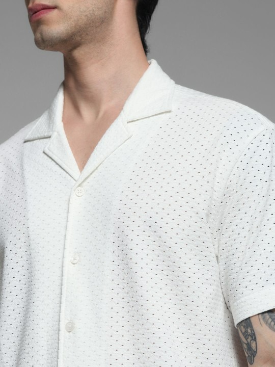 Men Cuban Collar Textured Cotton Relaxed Fit Casual Shirt