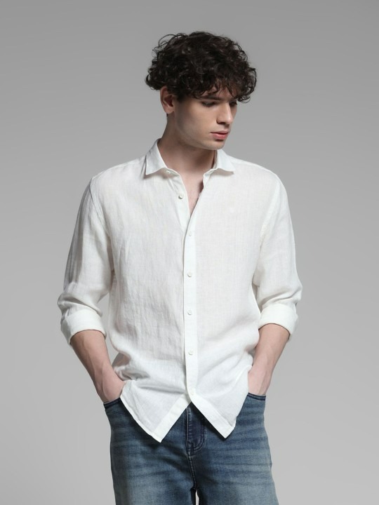 Men Spread Collar Solid Linen Casual Shirt