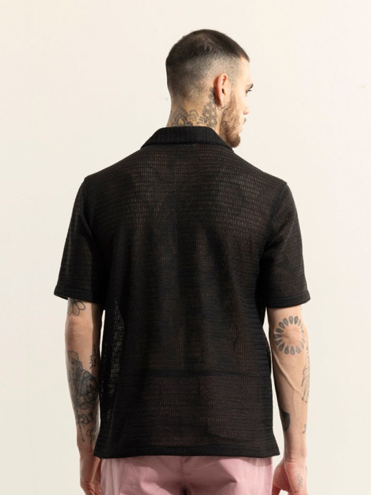 Self Design Spread Collar Short Sleeves Classic Oversized Casual Shirt