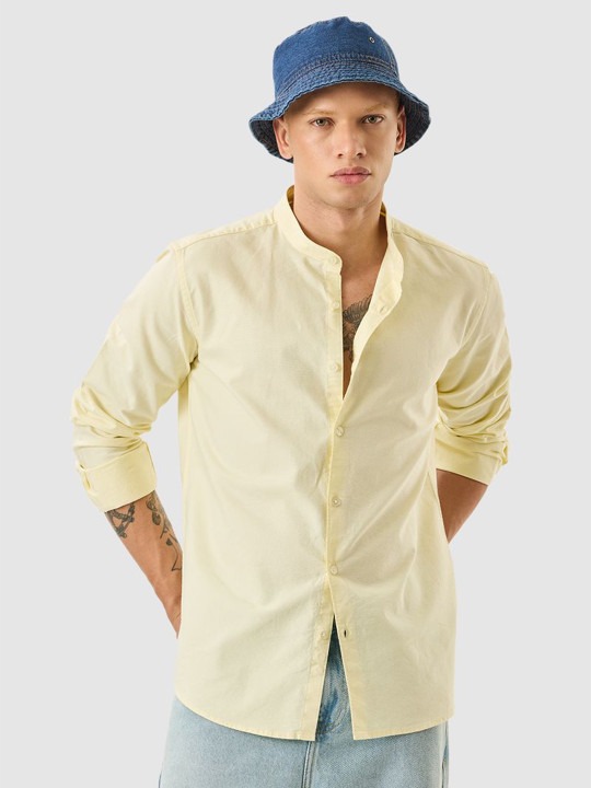 Men Slim Fit Solid Band Collar Cotton Casual Shirt
