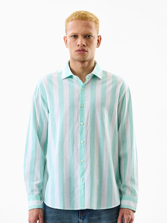 Vertical Striped Long Sleeves Cotton Linen Shirt