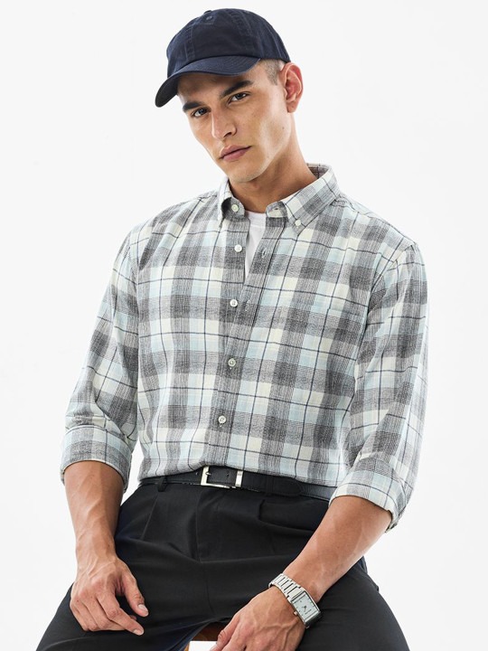 Men Buffalo Checked Button-Down Collar Cotton Casual Shirt