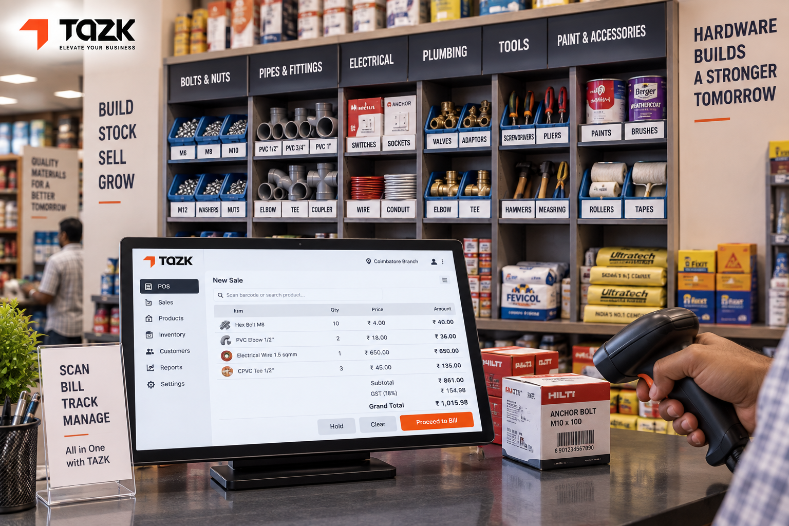 "Hardware shop shelves with barcode scanner for parts"