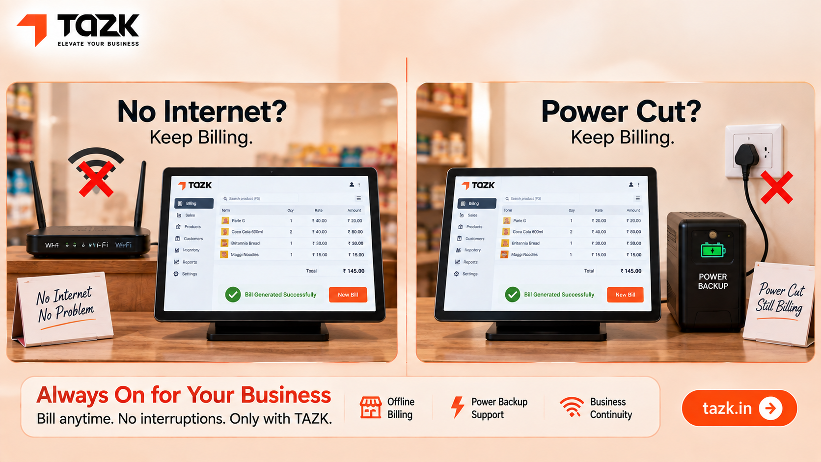 "Split graphic showing internet outage versus power cut"