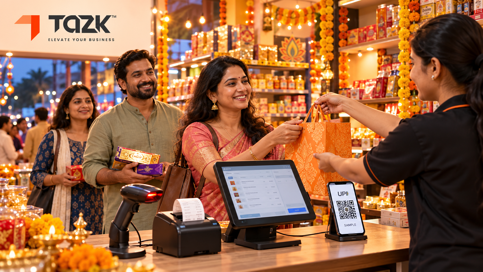 Busy Diwali shop counter with a moving queue