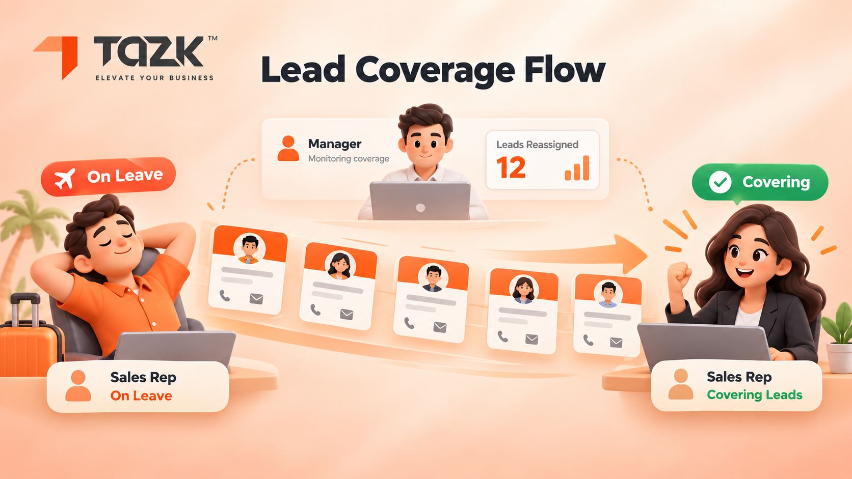 “Leads moved from an absent rep to a backup”.