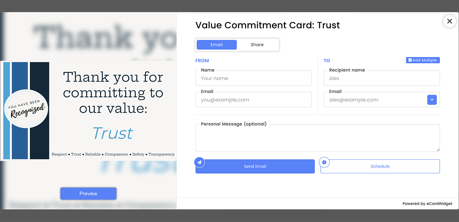 An interface for sending an eCard promoting the value of trust