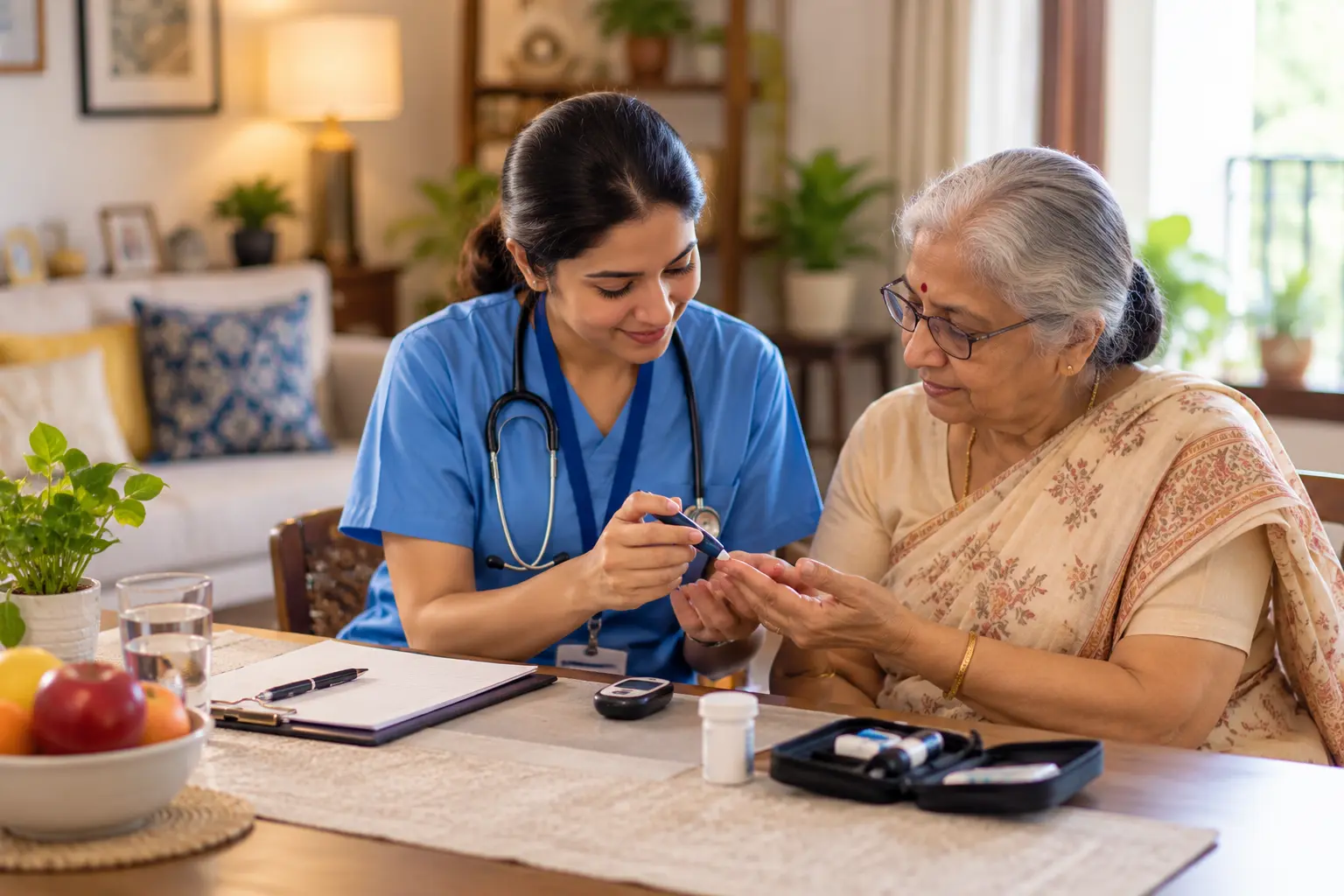 TGHC certified diabetes educator reviewing a personalised nutrition and care plan at home