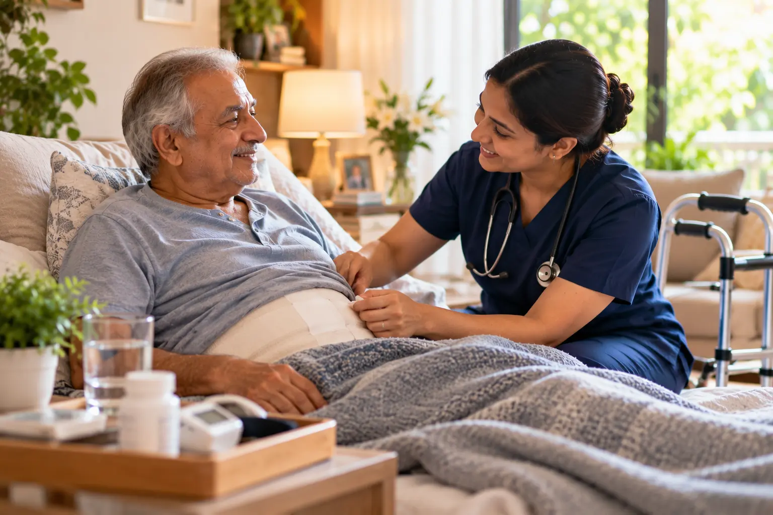 TGHC nurse providing dedicated wound care and recovery support to a post-surgery patient at home