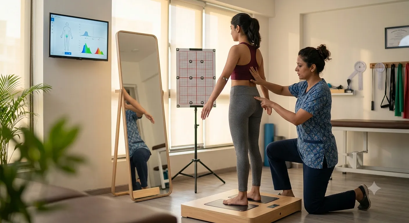 Clinician checks posture on a balance platform