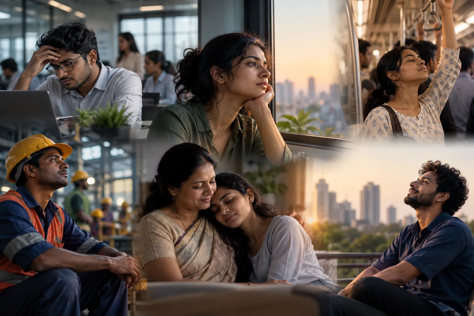 Collage shows people pausing through work, travel, and home