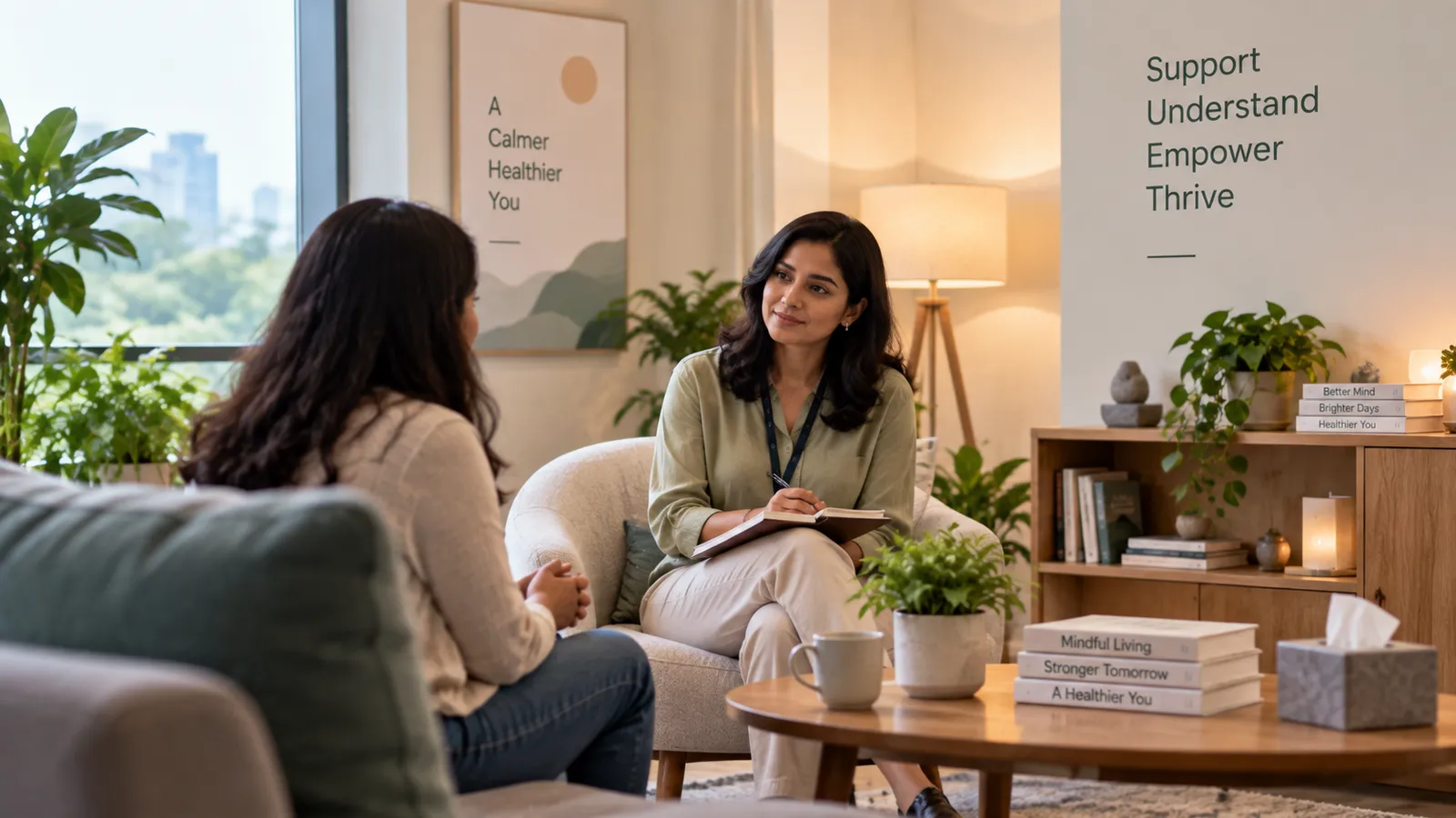 Counselor meets a woman in a calm room