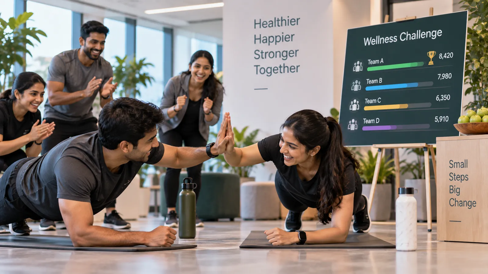 Coworkers high-five while holding a plank during a wellness challenge