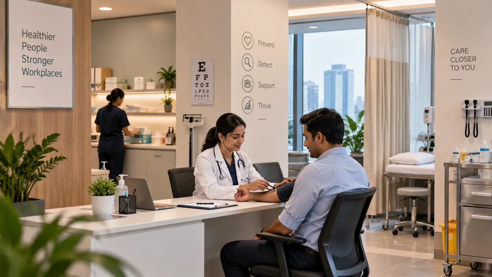 Doctor checks a man's blood pressure in a clinic