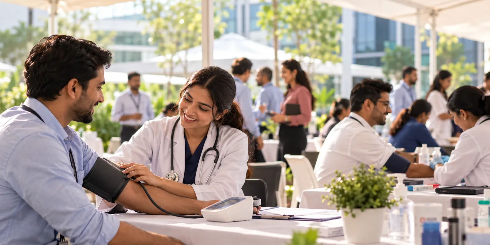 Doctor checks blood pressure at an outdoor camp