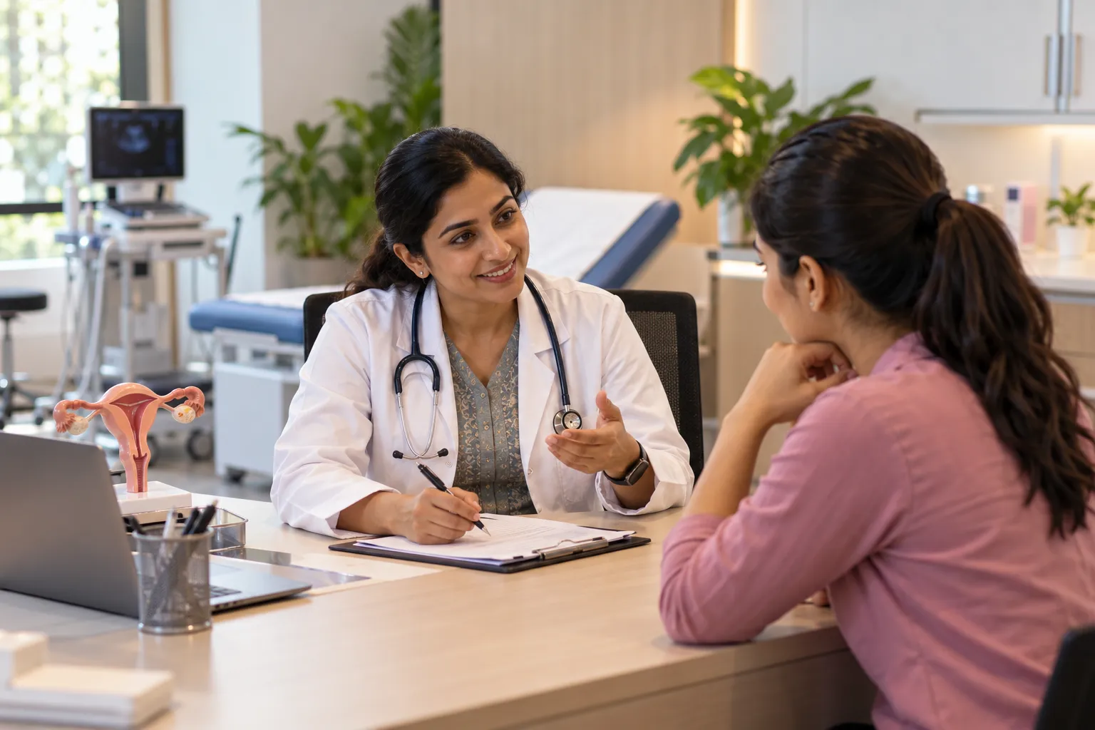 Doctor consults a woman beside an anatomy model