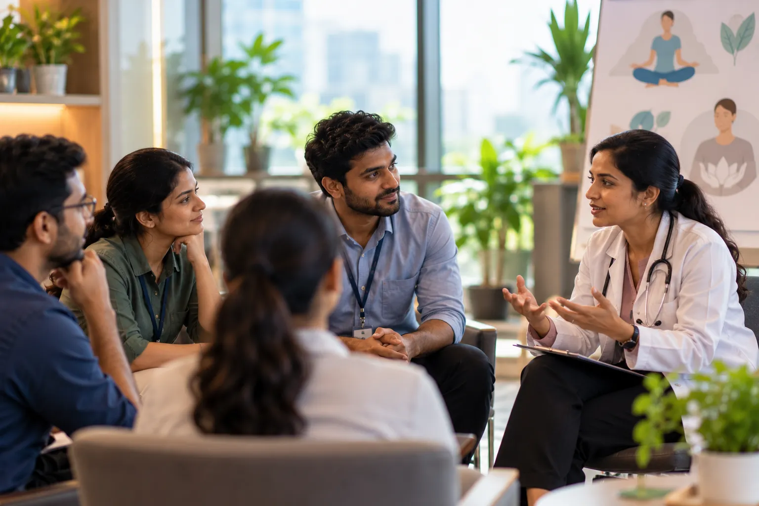 Doctor leads a workplace wellness circle beside a poster