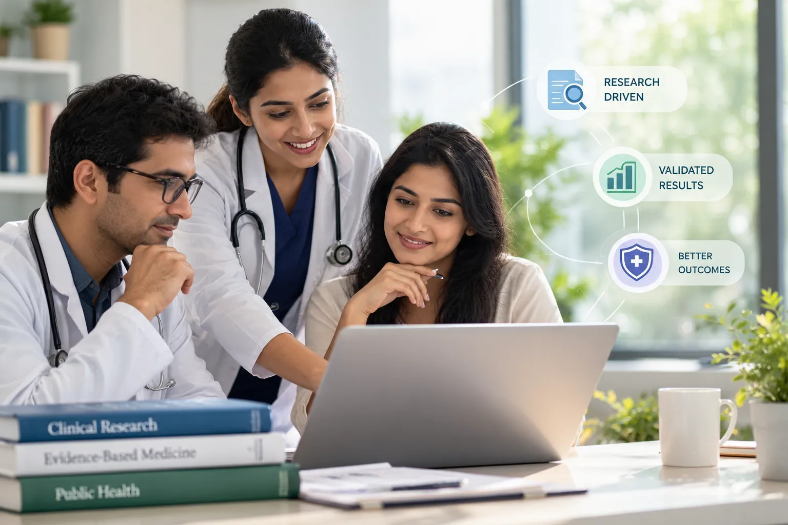 Doctors review results on a laptop with a patient