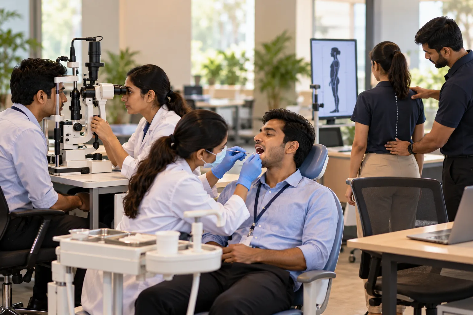 Eye, dental, and posture screening stations in one clinic