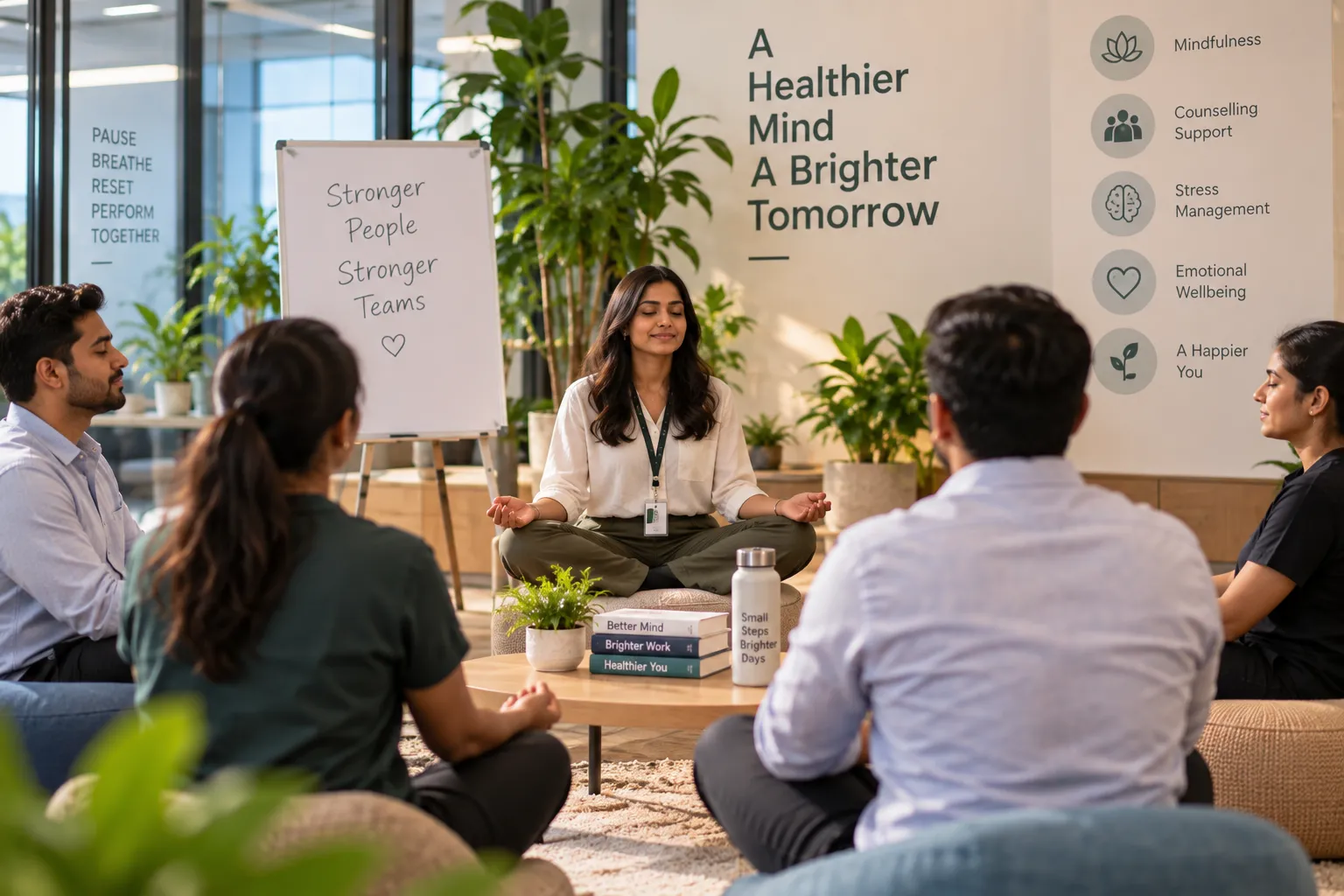 Group sits in a meditation circle in an office