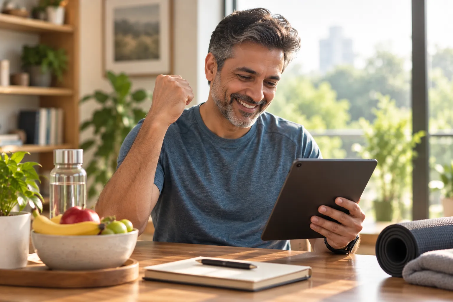 Man celebrates while holding a tablet