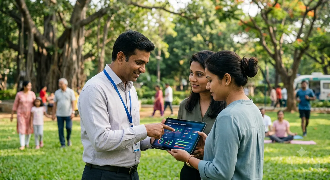 Man shows charts on a tablet in a park
