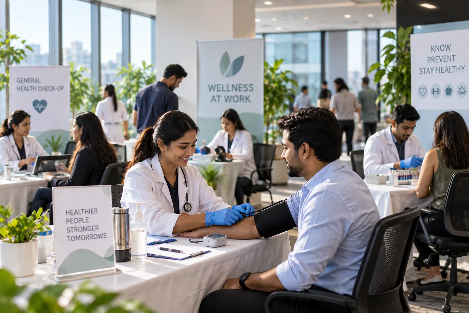 Nurse checks blood pressure at an office health camp