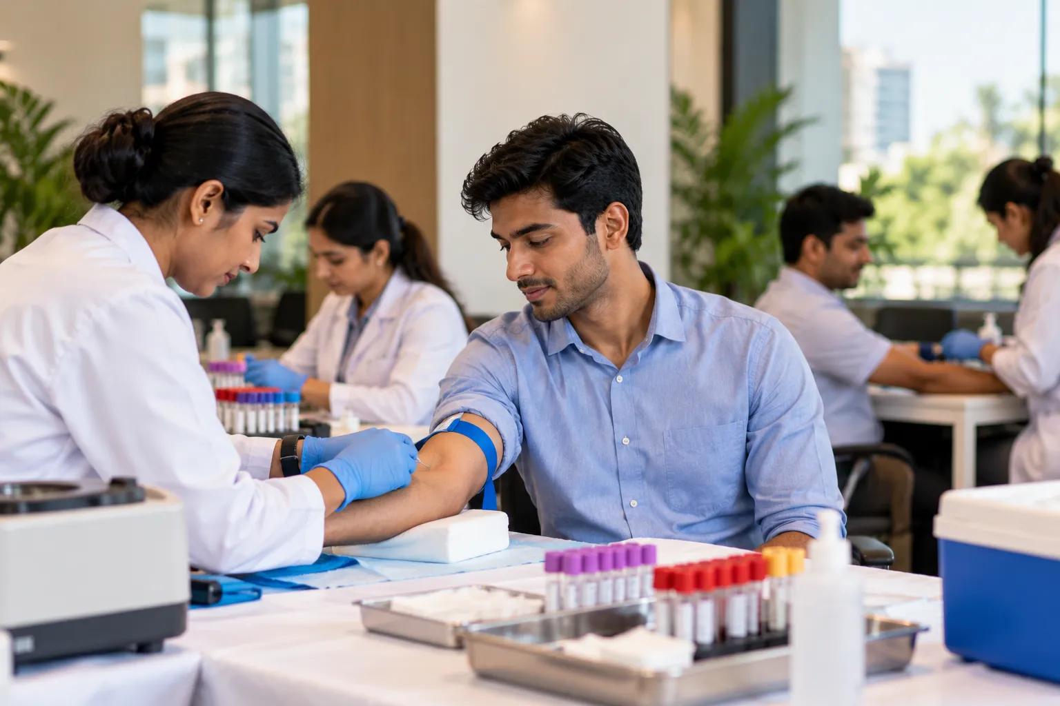 Nurse draws blood at a health camp