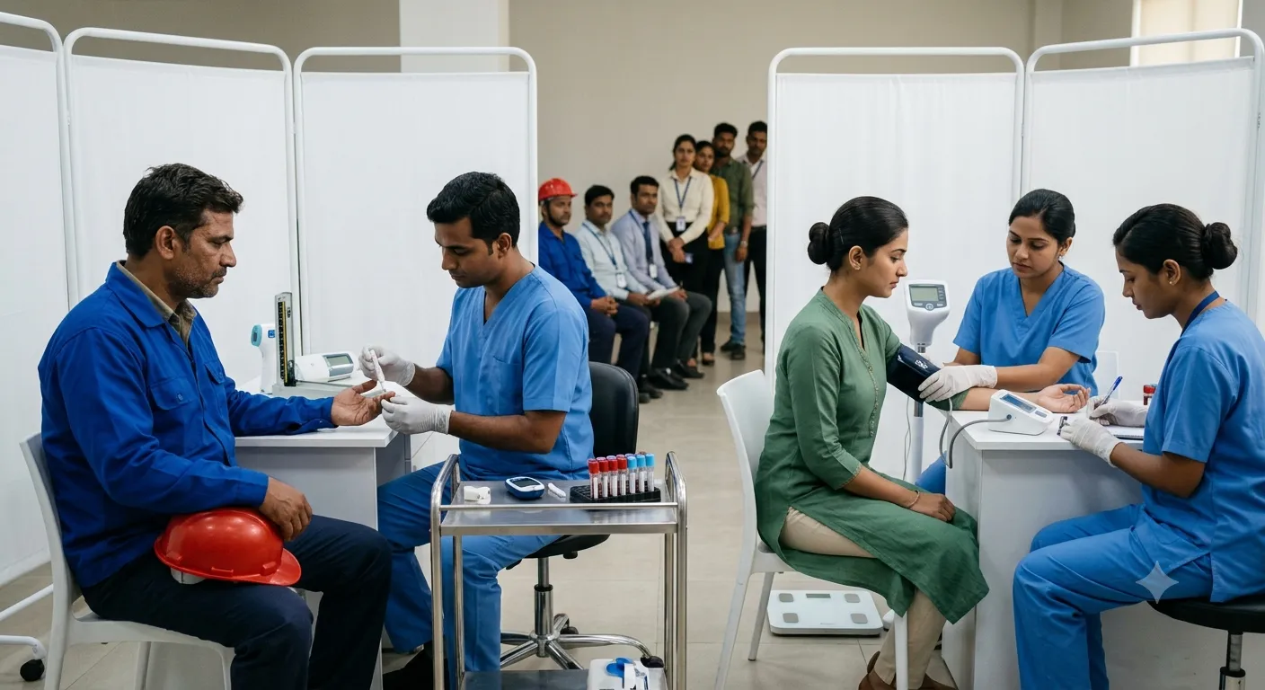 Nurses screen workers behind partitions