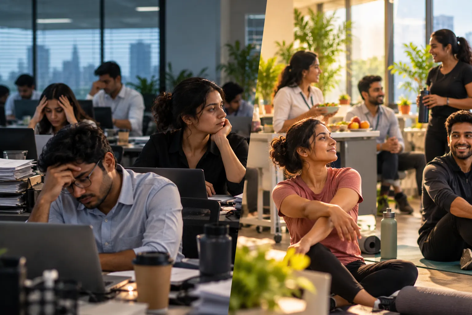 Office workers move from desk stress to a group stretch session