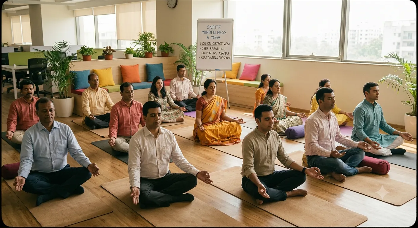 Office group sits in a mindfulness yoga session