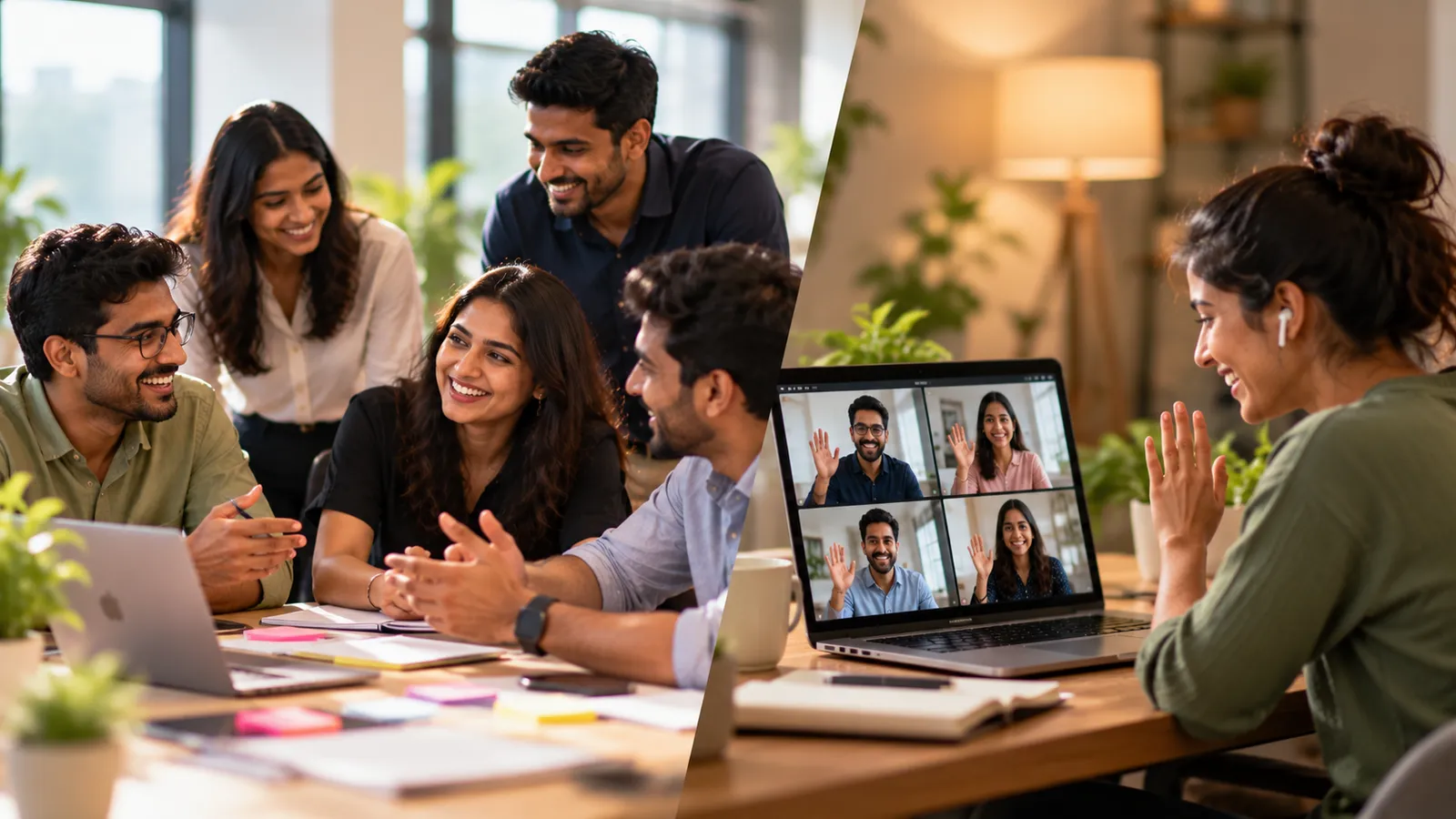 Office team meets while a colleague joins by video call