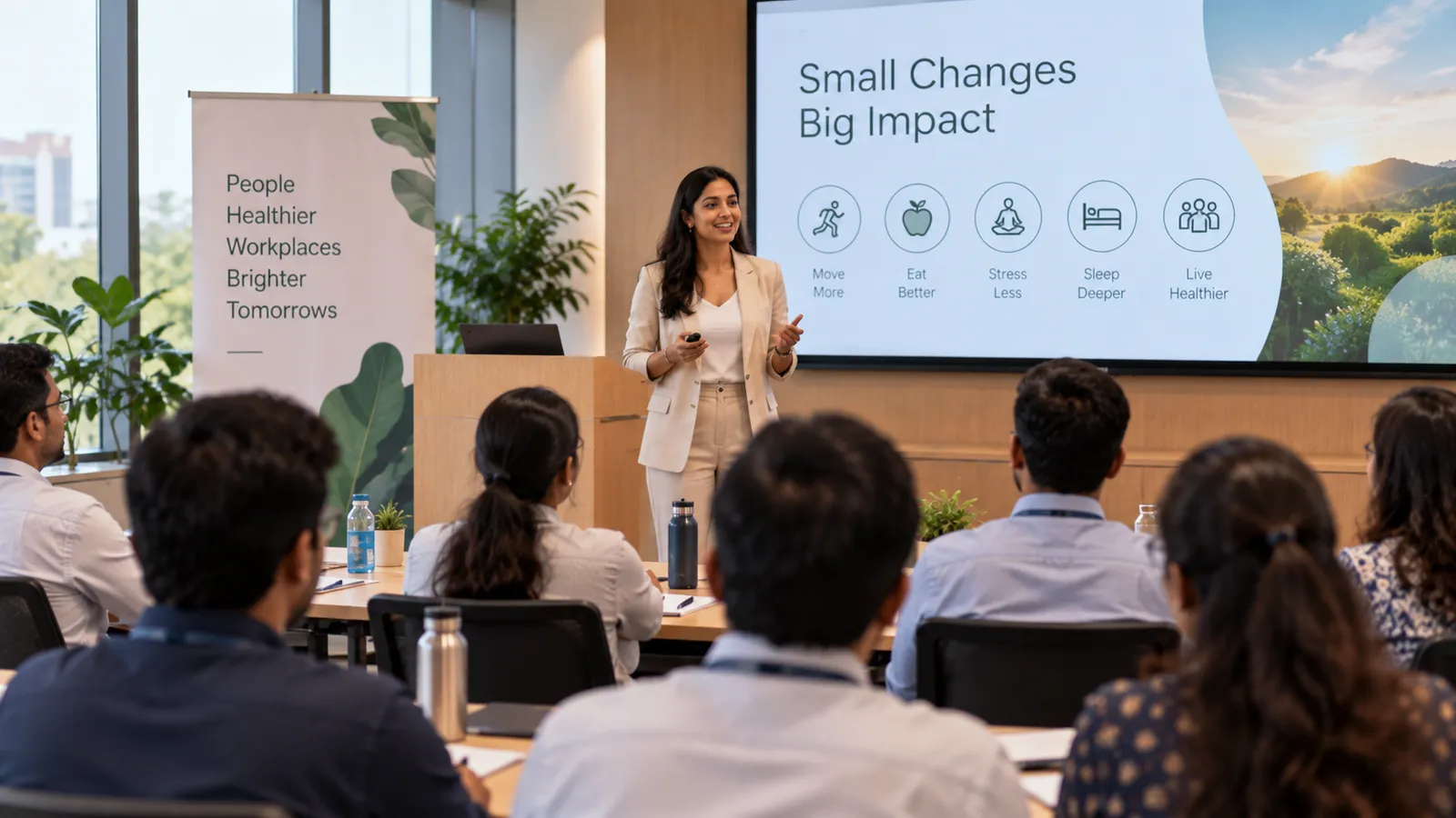 Speaker presents a workplace wellness session