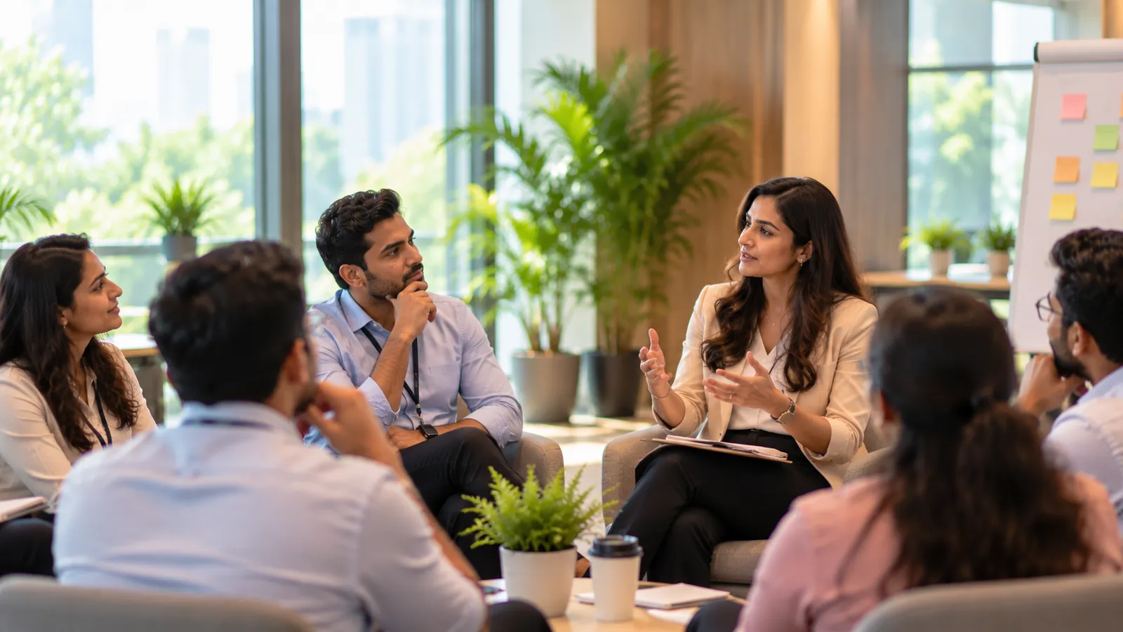 Team discusses work in a bright office