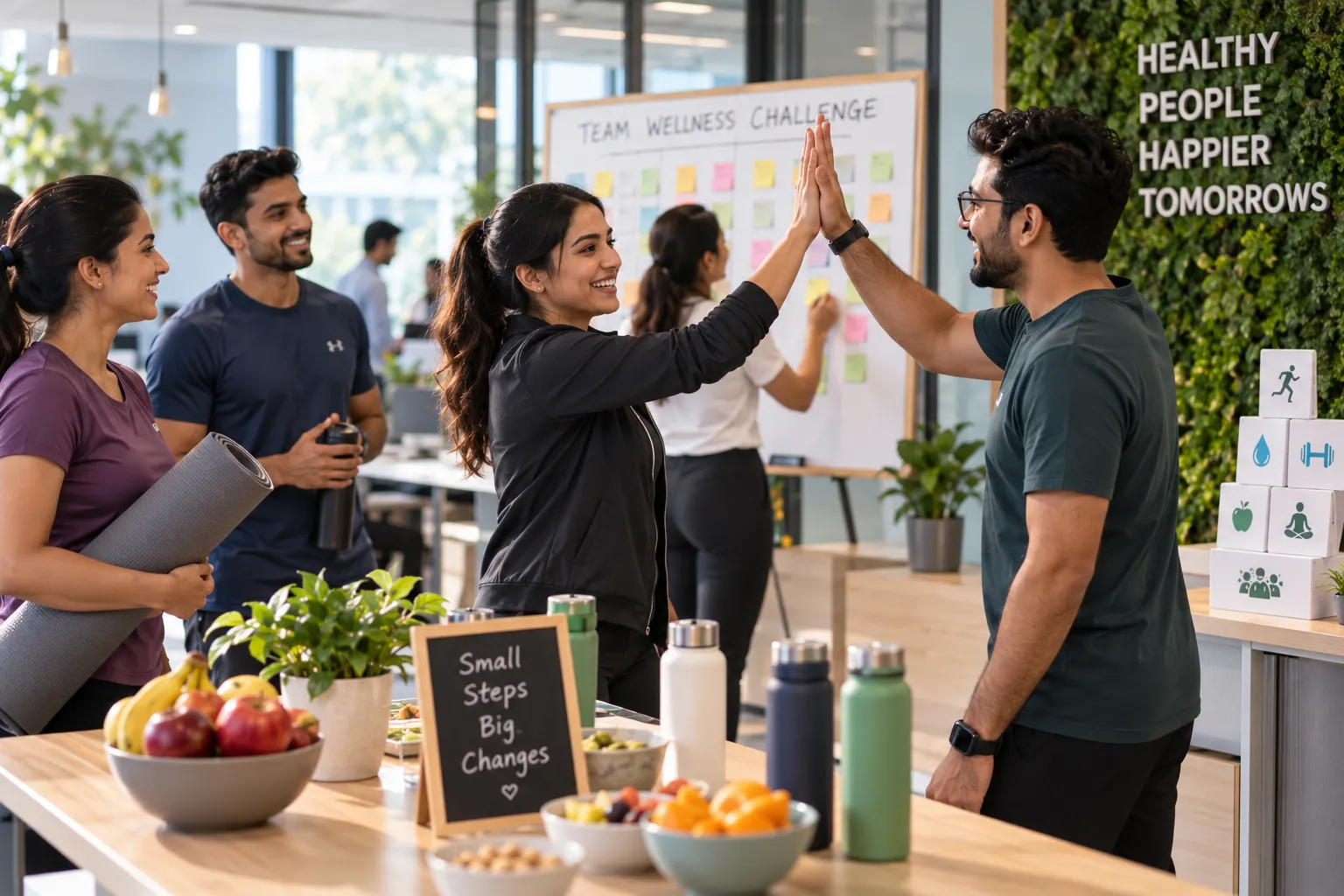 Team high-fives during a wellness challenge