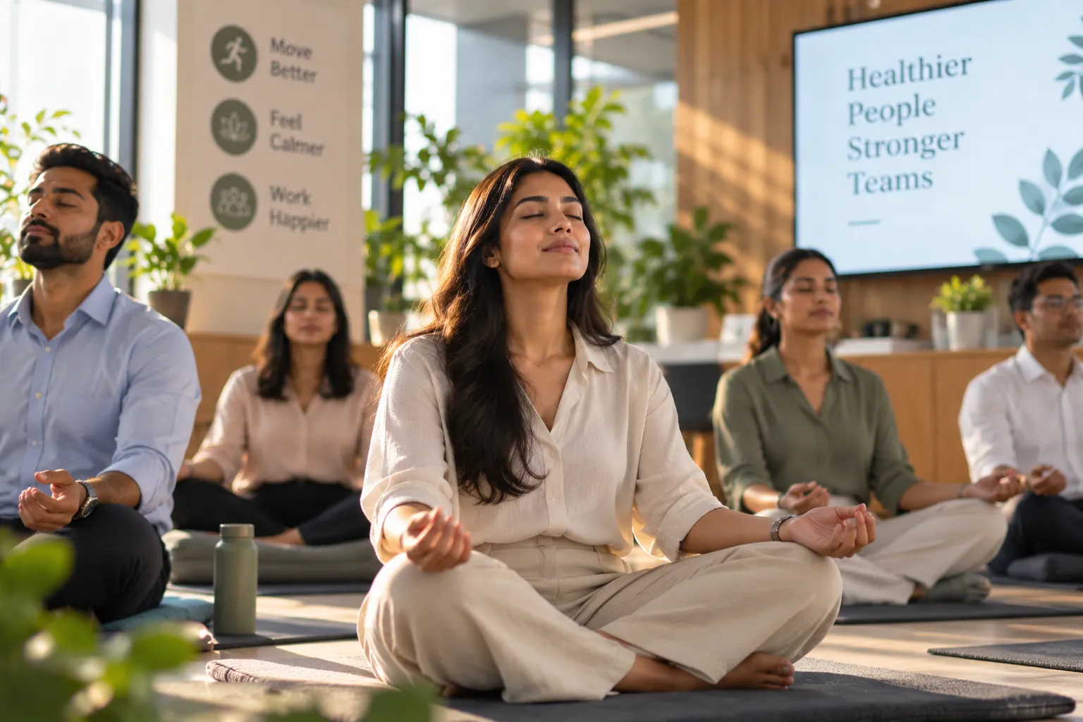 Team meditates together in an office