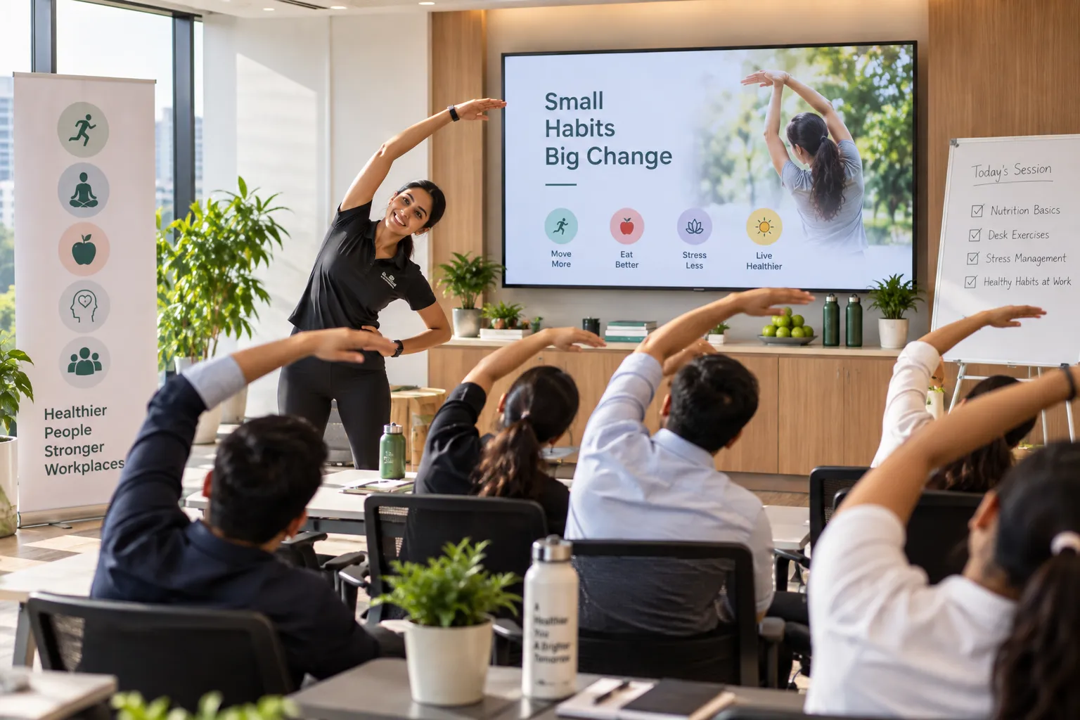 Trainer leads an office stretch session